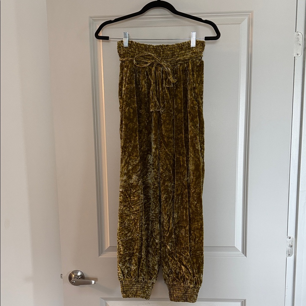 Anthropologie Velvet Jogger Pants in Olive Green